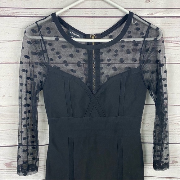 BEBE black bandage long lace polka dot sleeve mini dress Sz XS - Picture 2 of 8